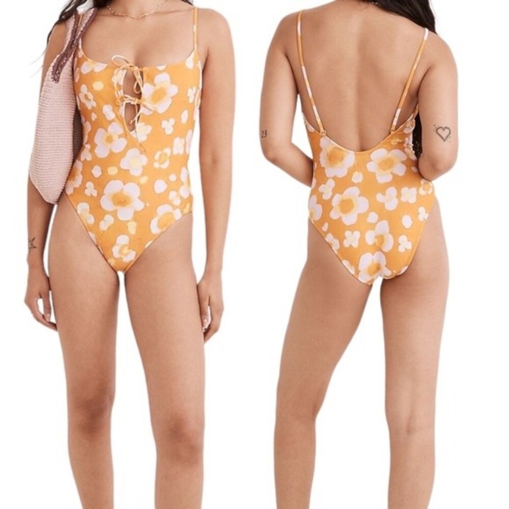 Madewell Yellow Floral Lace-Up One-Piece Swimsuit